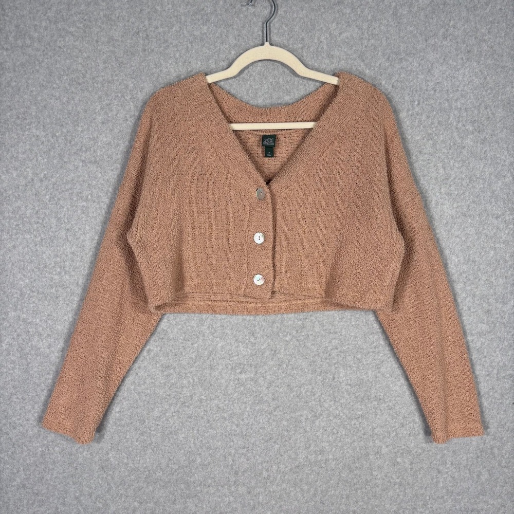 Wild Fable Cropped Cardigan Sweater Medium Tan Soft Boxy Fuzzy Nubby Neutral